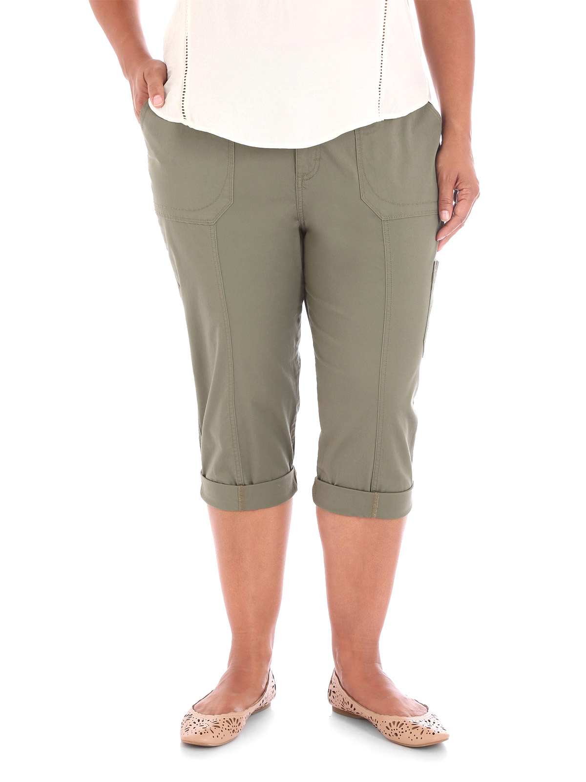 Lee - - Riders by Lee LIGHT-GREEN Cotton Rich Cropped Trousers - Plus ...