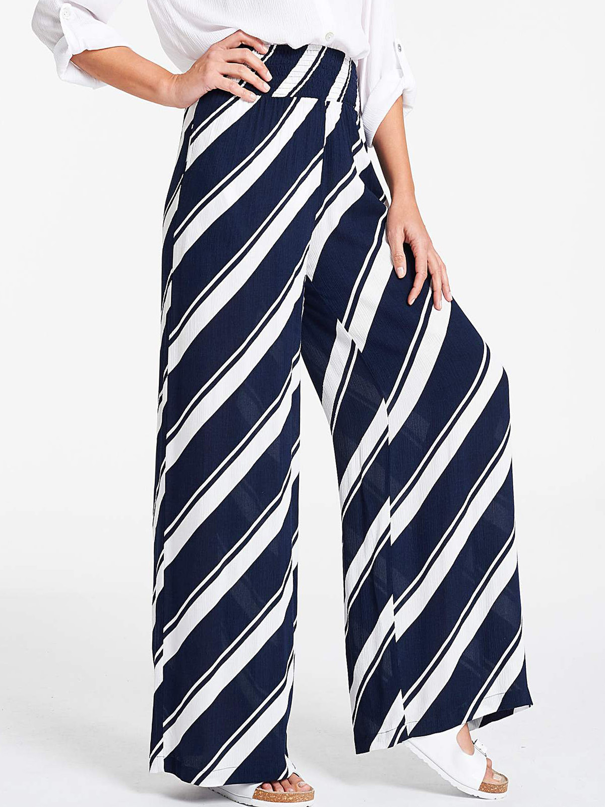 Capsule - - Capsule NAVY Striped Crinkle Shirred Waist Wide Leg ...