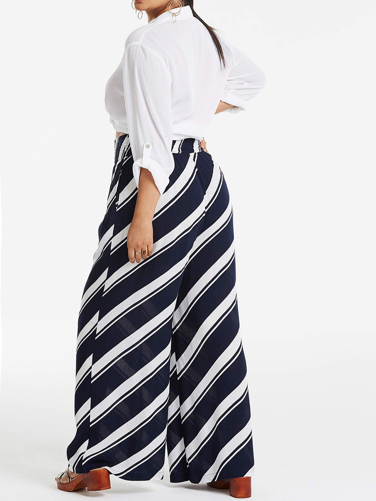 Capsule - - NAVY Striped Crinkle Shirred Waist Wide Leg Trousers - Plus  Size 18 to 28