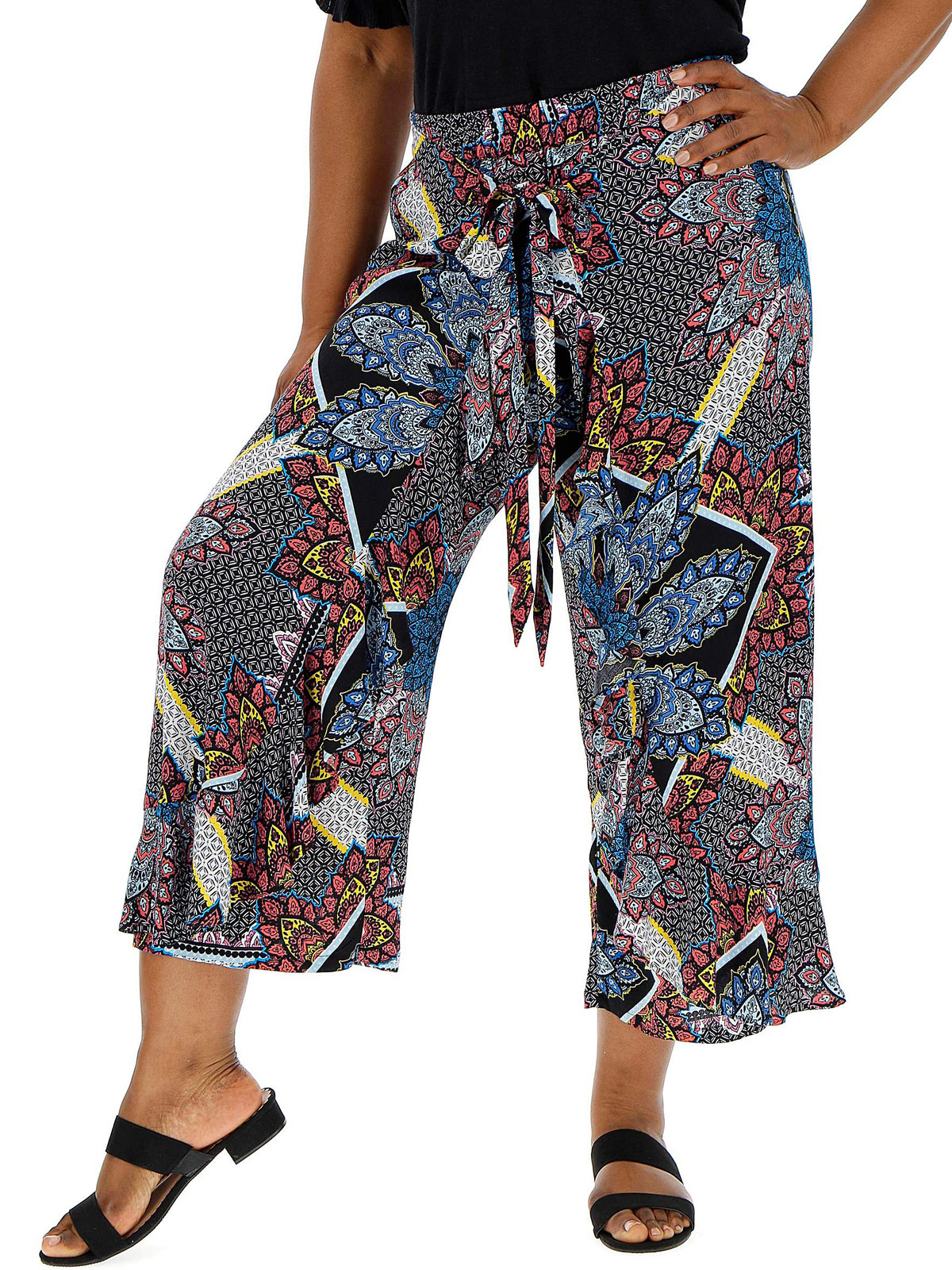 Capsule - - BLUE Floral Print Crinkle Wrap Cropped Trousers - Plus Size ...