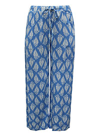 BLUE Print Crinkle Wide Leg Trousers - Plus Size 12 to 30