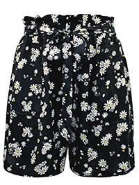 BLACK Floral Print Belted Paperbag Shorts - Plus Size 16 to 24/26