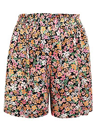 BLACK Floral Print Paperbag Waist Shorts - Plus Size 16 to 34/36