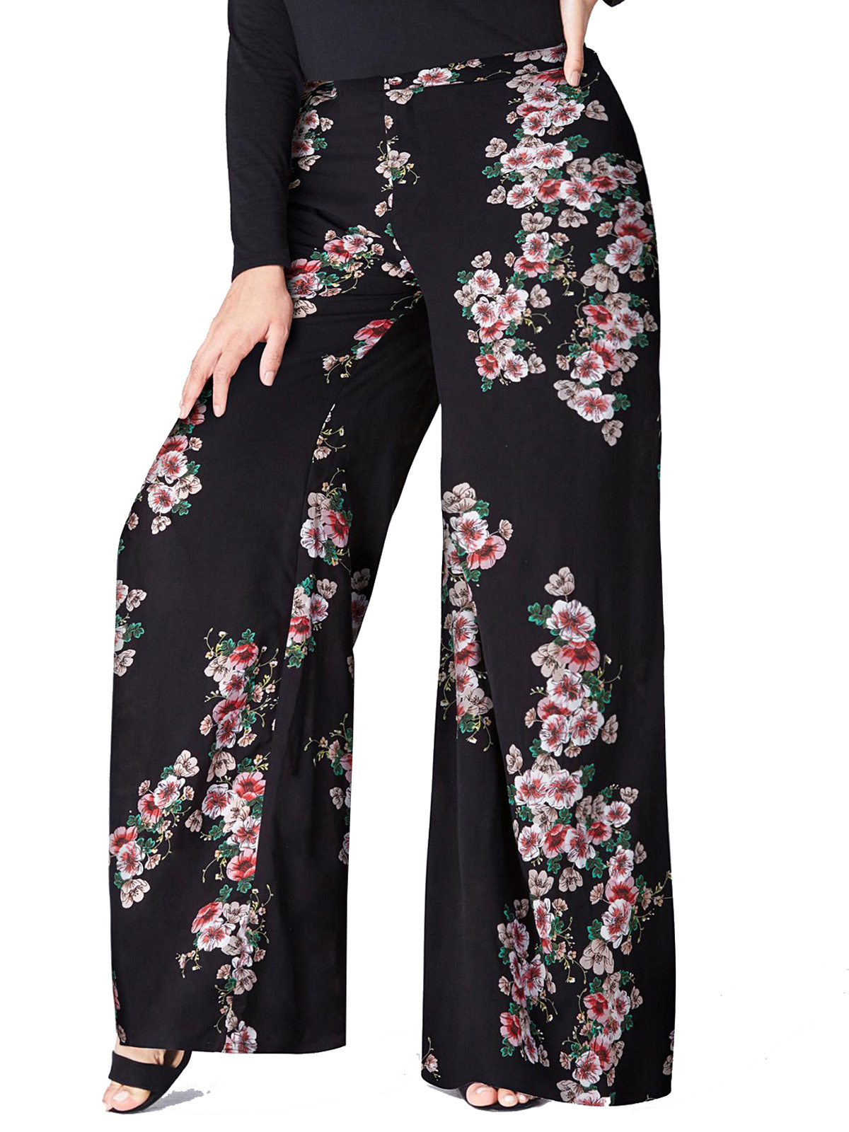 Capsule - - Capsule BLACK Floral Print Super Wide Leg Trousers - Plus ...