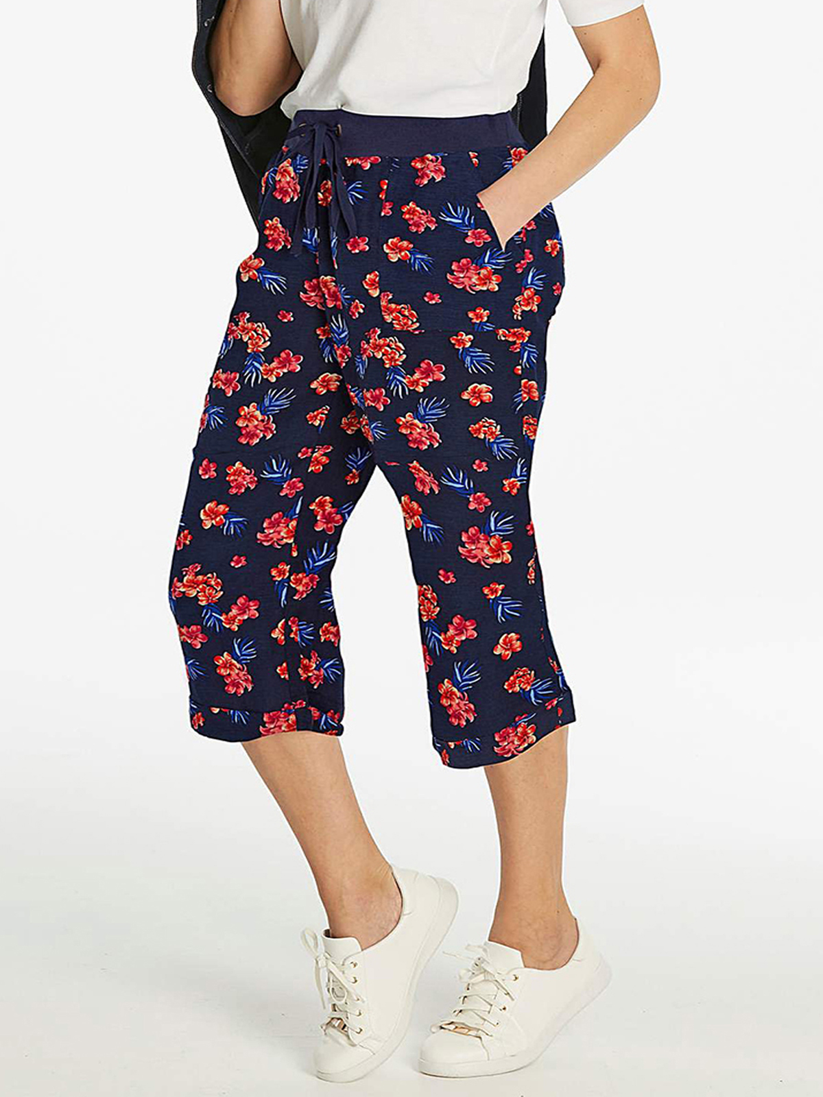 Capsule - - Capsule NAVY Floral Print Linen Blend Cropped Trousers ...