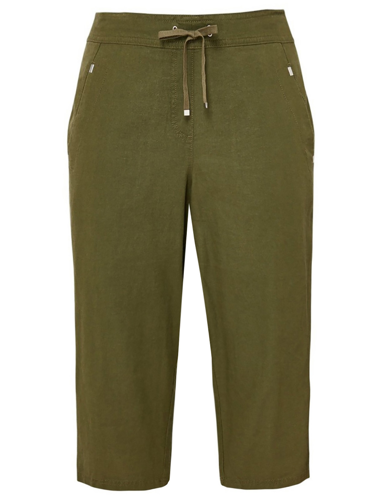 KHAKI Linen Blend Pull On Cropped Trousers - Plus Size 16 to 28
