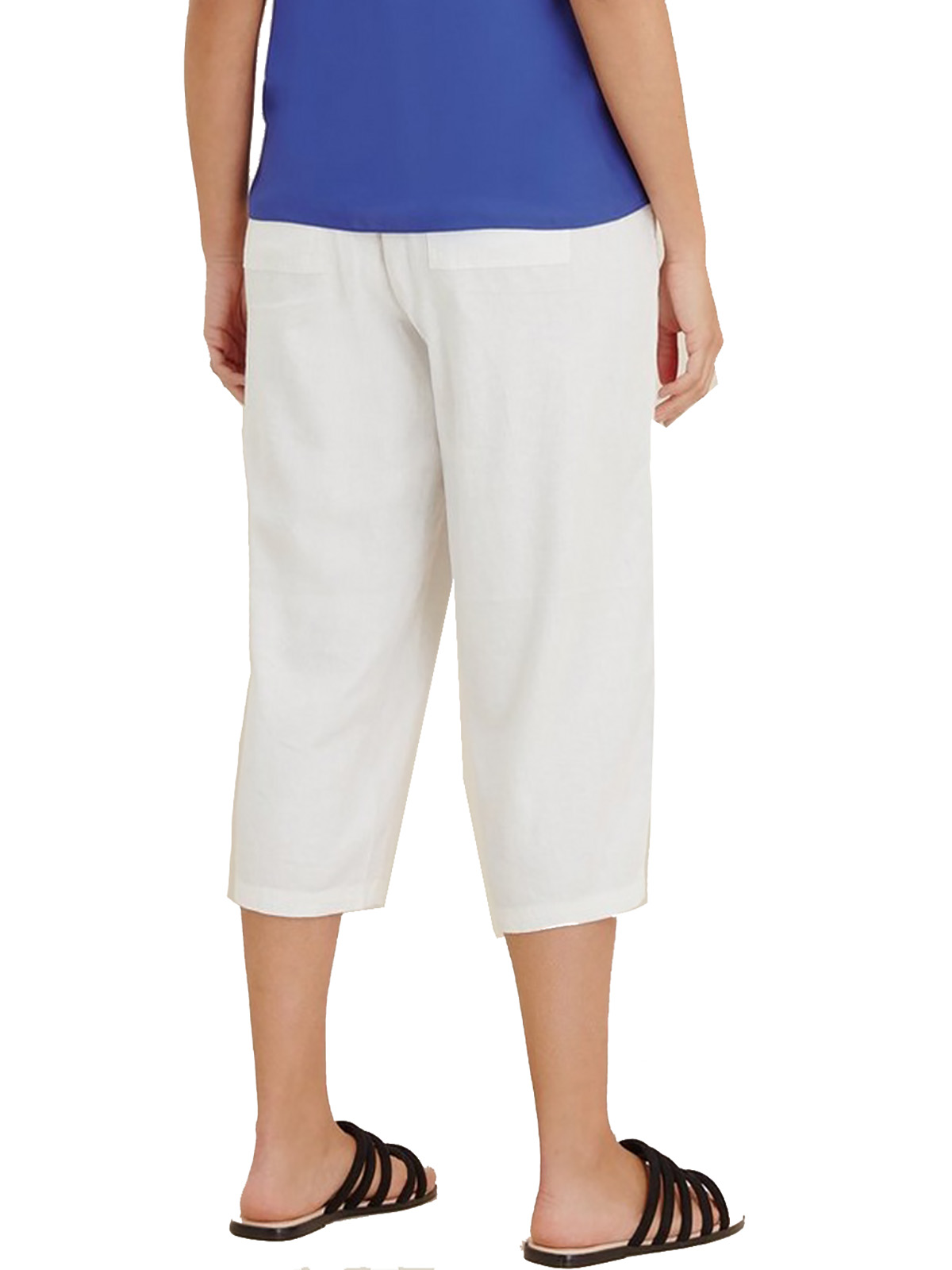 3VANS WHITE Linen Blend Pull On Cropped Trousers - Plus Size 18 to 26