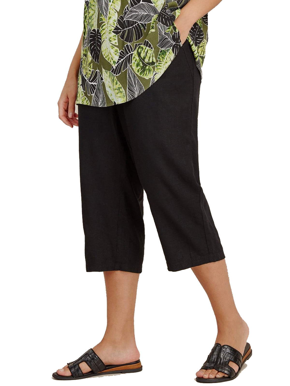 BLACK Linen Blend Pull On Cropped Trousers - Plus Size 14 to 28