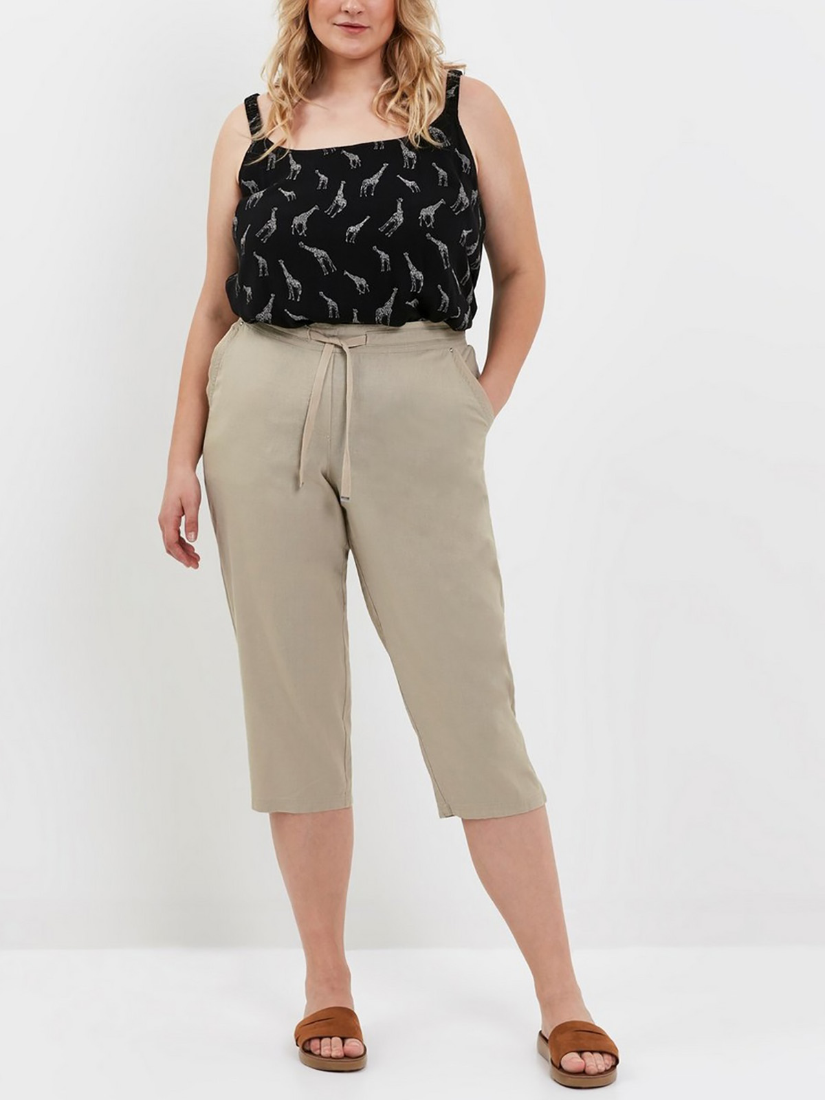 STONE Linen Blend Pull On Cropped Trousers - Plus Size 14 to 24