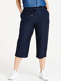 NAVY Linen Blend Cropped Trousers - Plus Size 12 to 30