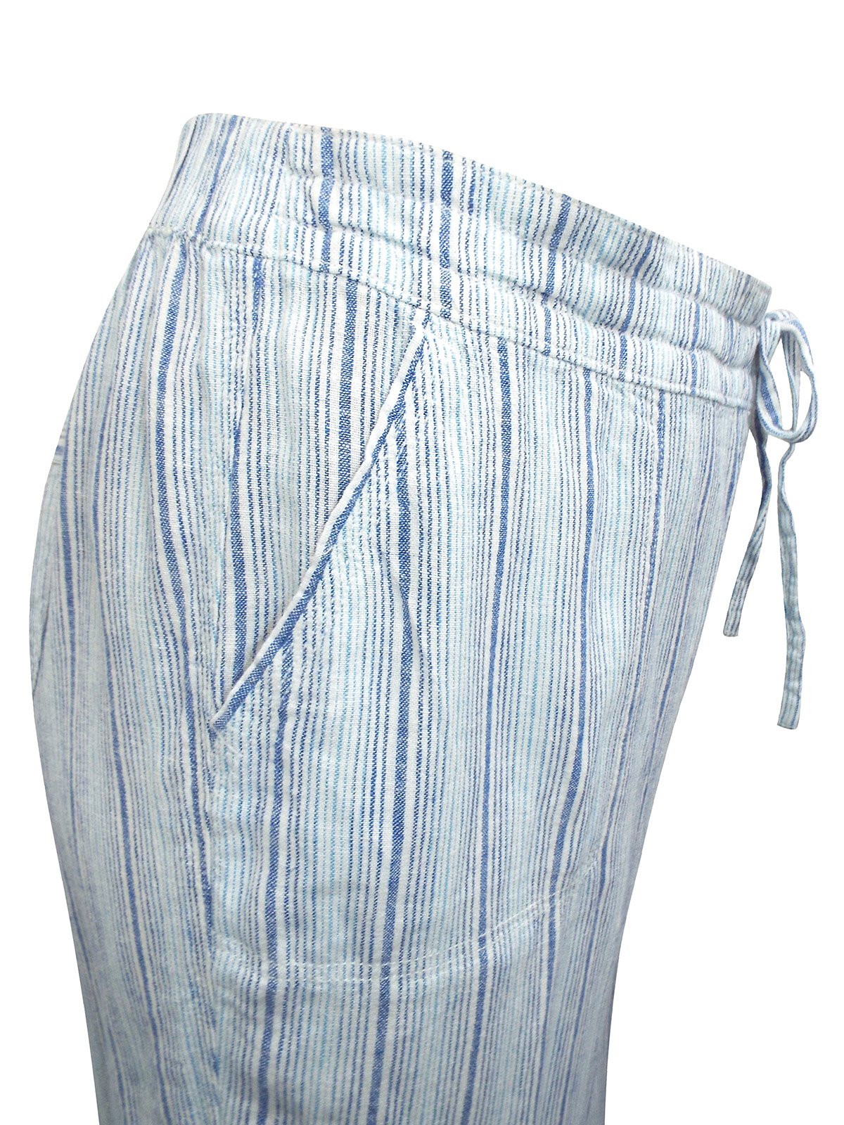 Marks And Spencer Mand5 Blue Linen Blend Striped Cropped Trousers