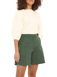 GREEN Striped Linen Blend Short - Plus Size 20 to 22