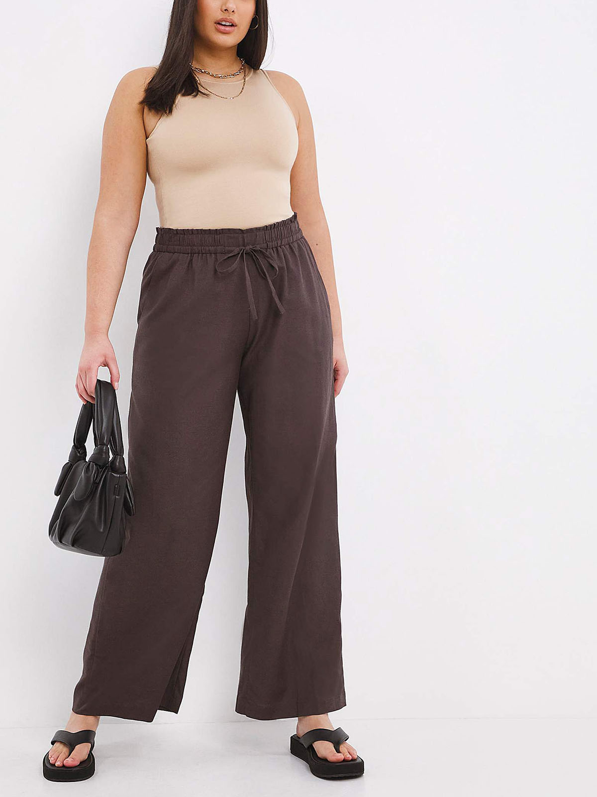 Capsule - - CHOCOLATE Pull On Linen Mix Wide Leg Trousers - Plus Size 16 to  20