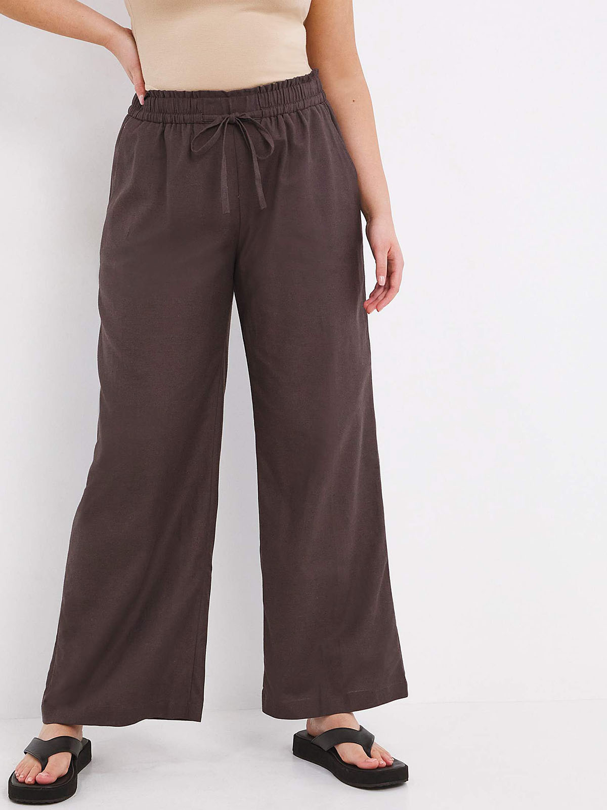 Urban Threads linen blend wide leg trousers coord in chocolate brown  ASOS