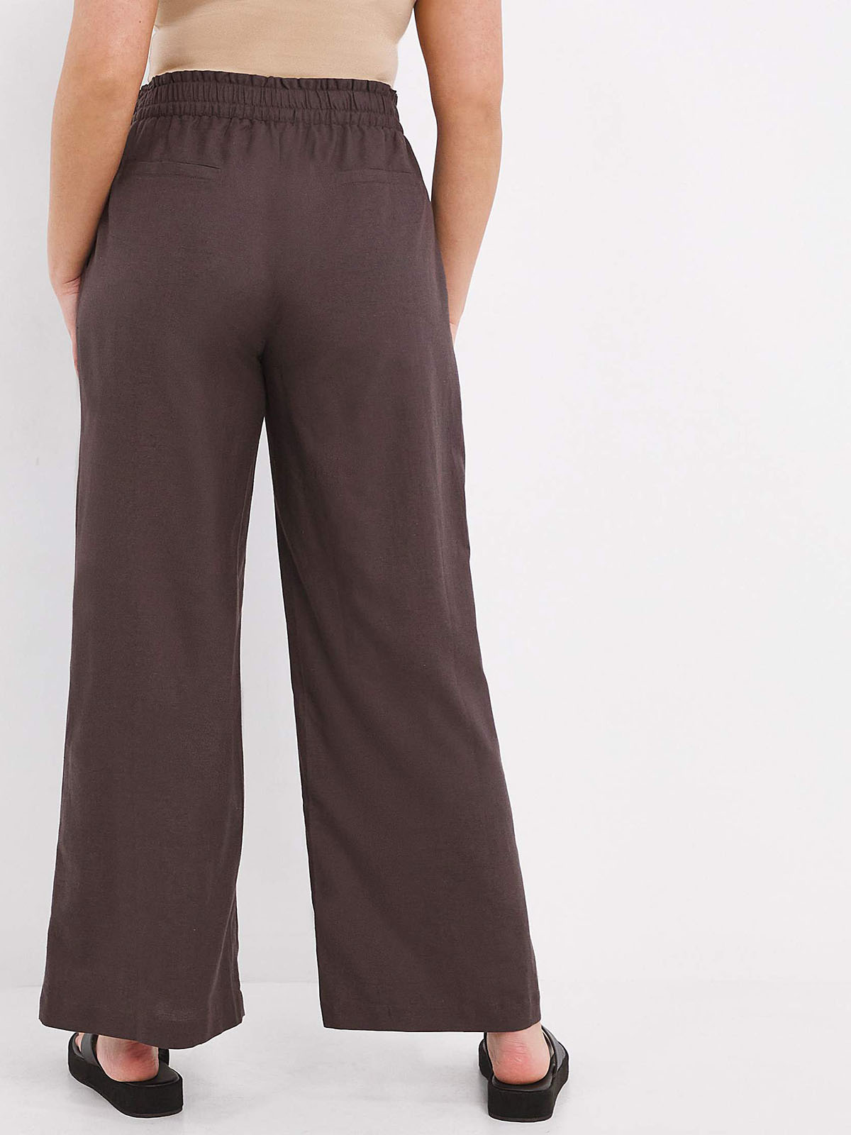 Wide-leg Linen-blend Pants - Dark brown - Ladies