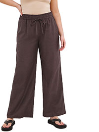 CHOCOLATE Pull On Linen Mix Wide Leg Trousers - Plus Size 16 to 20