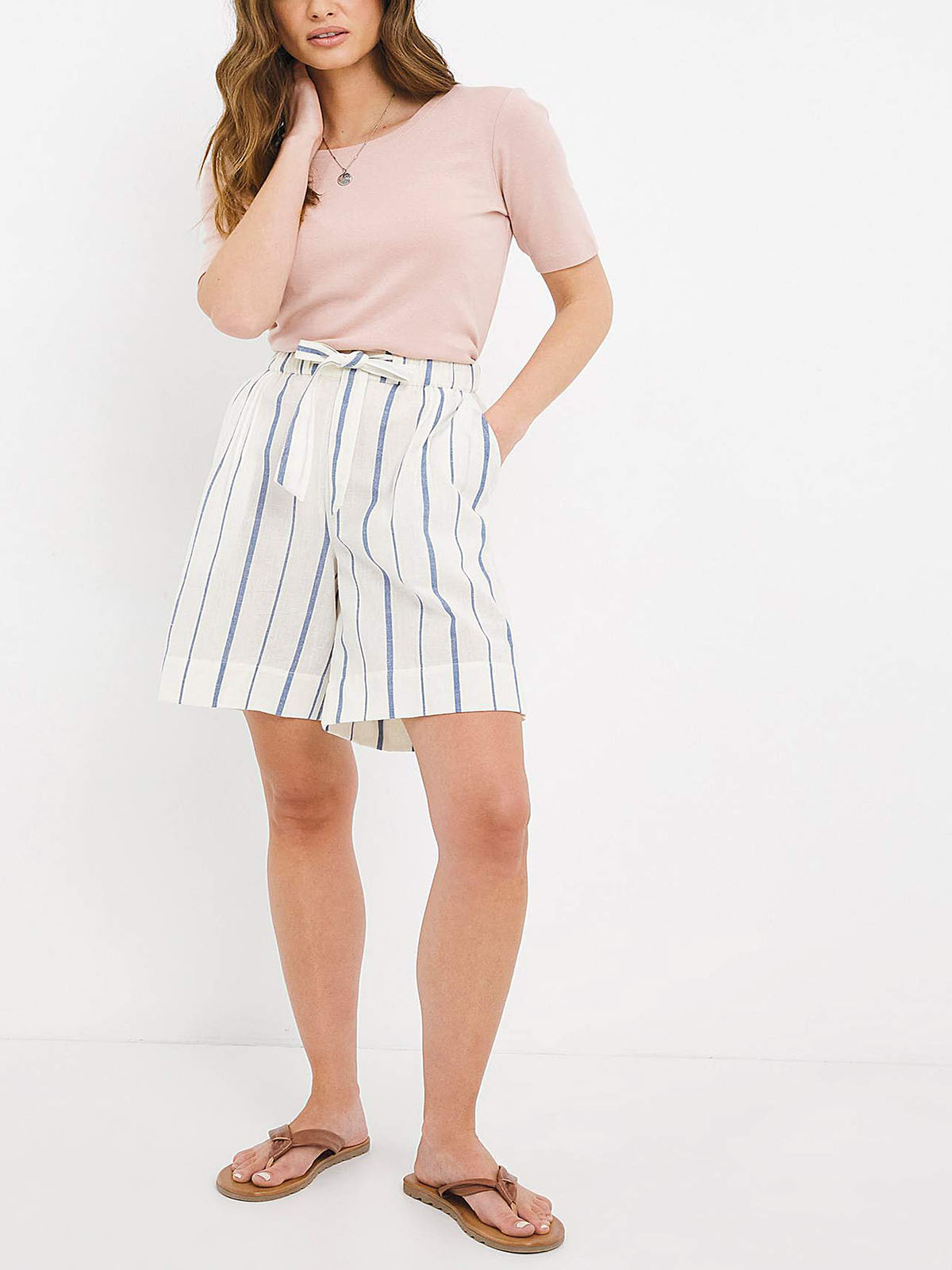 Julipa Julipa CREAM Striped Tie Waist Linen Blend Shorts Plus