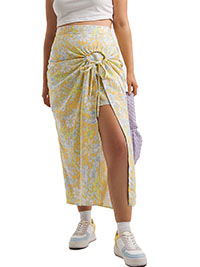 SimplyBe YELLOW Floral Print Linen Midi Skirt with O-Ring Detail - Plus Size 14 to 32